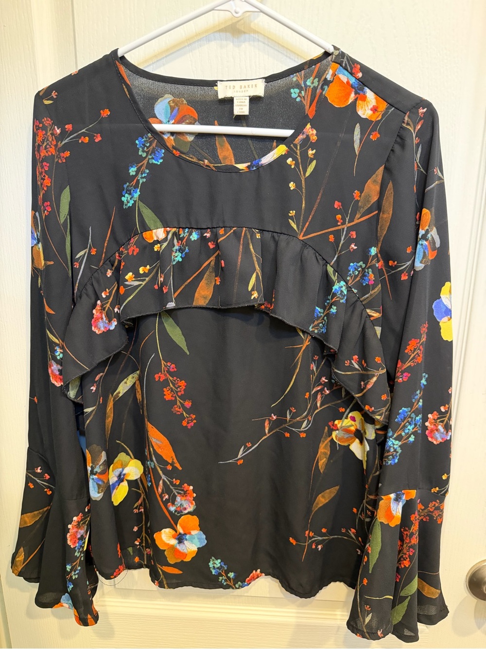 Ted Baker Black Floral Ruffle Blouse Long Sleeve Bell Cuff Romantic Top